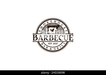 Vintage Retro Rustic BBQ Grill, Barbecue, Barbeque Label Stamp Logo design Stock Vector