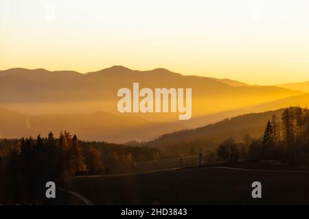 Beautiful view of the sunset over the hills with large trees Stock Photo