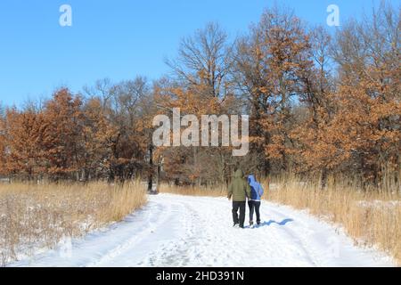 Two walkers on the North Branch Trail at Miami Woods in winter in Morton Grove, Illinois Stock Photo
