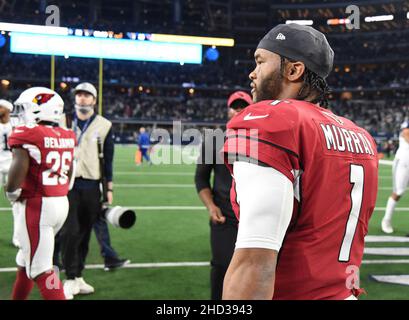 Arlington, United States. 02nd Jan, 2022. Arizona Cardinals Kyler Murray walks off the field after beating the Dallas Cowboys 25-22 in their NFL game at AT&T Stadium in Arlington, Texas on Sunday, January 2, 2022. Photo by Ian Halperin/UPI Credit: UPI/Alamy Live News Stock Photo