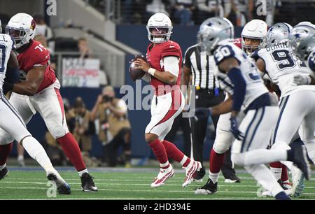 Arlington, United States. 02nd Jan, 2022. Arizona Cardinals Kyler Murray looks to throw as the Cardinals defeted the Dallas Cowboys 25-22 in their NFL game at AT&T Stadium in Arlington, Texas on Sunday, January 2, 2022. Photo by Ian Halperin/UPI Credit: UPI/Alamy Live News Stock Photo