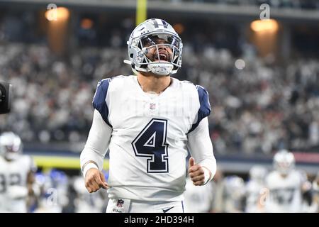 Arlington, United States. 02nd Jan, 2022. Dallas Cowboys qarterback yells as he enters the game against the Arizona Cardinals during their NFL game at AT&T Stadium in Arlington, Texas on Sunday, January 2, 2022. Photo by Ian Halperin/UPI Credit: UPI/Alamy Live News Stock Photo