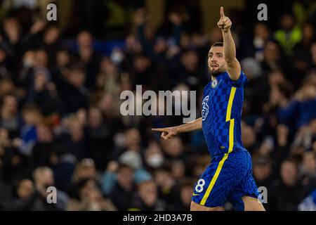 London, UK. 3rd Jan, 2022. Chelsea's Mateo Kovacic celebrates after scoring during the English Premier League match between Chelsea and Liverpool in London, Britain, on Jan. 2, 2022. Credit: Xinhua/Alamy Live News Stock Photo