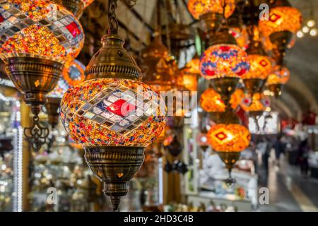 Colorful Turkish glass lamps at traditional Eastern Bazaar in Turkey. Stock Photo