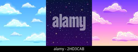 Game textures of clouds and stars, seamless patterns. Cartoon backgrounds of blue, pink and starry sky. Graphic ui or gui vector layers of space, day or morning fluffy spindrift or cumulus eddies Stock Vector