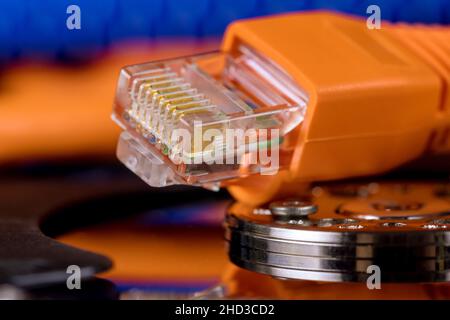Online storage files backup, transfer, server information storage at internet network cables connected Stock Photo
