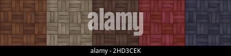 Textures of color wood parquet for game background. Vector cartoon seamless patterns of top view of wooden floor surface, old vintage laminate from timber boards Stock Vector