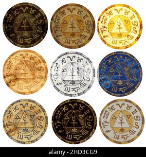 Design set of magic seals with wand and mystic symbols isolated on