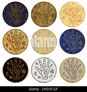 Design clip art set with magic seals, stamp or print with symbols of palmistry or chiromancy isolated on white background. Esoteric, gothic, wicca and Stock Photo