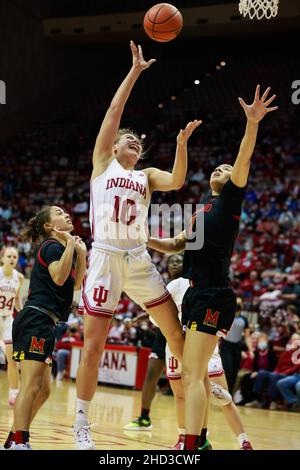 Bloomington, United States. 02nd Jan, 2022. Indiana Hoosiers forward Aleksa Gulbe (No.10) shoots against Maryland during the National Collegiate Athletic Association (NCAA) women's basketball game in Bloomington. Indiana University beat Maryland 70-63. Credit: SOPA Images Limited/Alamy Live News Stock Photo