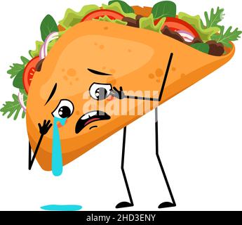 Cute character mexican taco with crying and tears emotion, sad face, depressive eyes, arms and legs. Fast food person with melancholy expression, sandwich with flatbread. Stock Vector