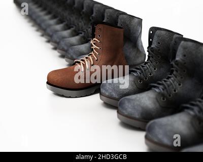 New suede boot stands out among old used boots. 3D illustration. Stock Photo