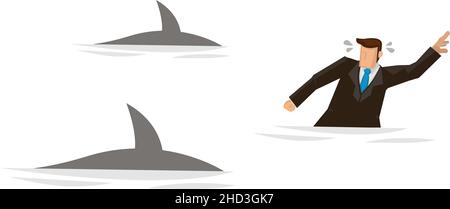 Businessman swimming panic avoiding shark attacks. Concept of corporate risks. Business concept flat vector illustration isolated in white background. Stock Vector