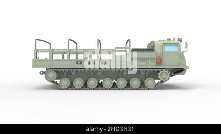 3D rendering of a people carrier army truck on caterpillar tracks in isolated empty studio background. Stock Photo