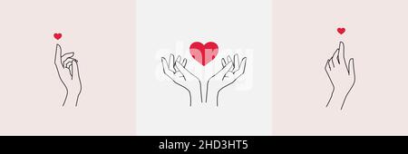 Abstract love hands set. Minimal female outline fingers and hearts. Self care, linearly beauty sticker, Asian sign of love, Korean symbol mini heart Stock Vector