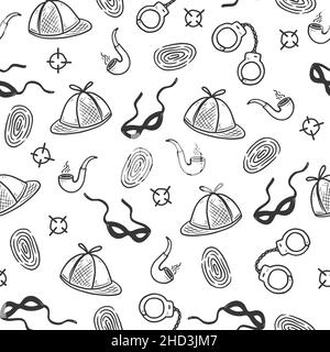 Detective seamless pattern. Hand drawn sketch doodle style crime background. Footprint, fingerprint, magnifier detective investigation pattern. Vector illustration. Stock Vector