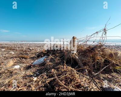 Spilled garbage on the beach of the big city. Empty used dirty plastic bottles. Dirty sea sandy shore. Environmental pollution. Ecological problem. Stock Photo