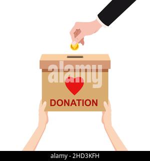 Hand hold Donation Box with hed heart, money. Depositing in a paper container with text banner donation. Vector illustration Stock Vector