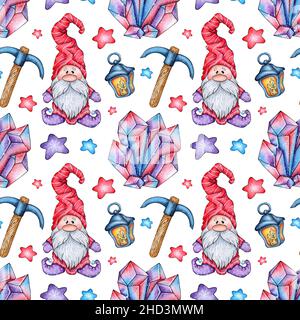 Watercolor painting pattern gnome, pickaxe, lamp, crystal, bunch of keys. Seamless repeating print of gems and metals mining tools. Isolated over whit Stock Photo