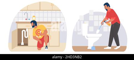 Man repairing leak under kitchen sink, cleaning toilet, vector illustration. Housework, housekeeping, house cleaning Stock Vector
