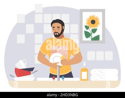 Man washing dishes in kitchen, vector illustration. Housework, household chores, housekeeping. Stock Vector