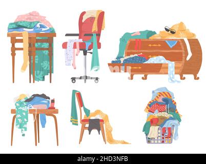 Scattered clothes, female stuff in chest of drawers, on chair, on table, vector isolated illustration. Mess, disorder. Stock Vector