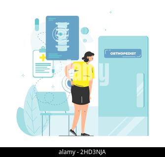 Patient suffering from back pain in doctor orthopedist office, vector illustration. Backache. Traumatology, orthopedics. Stock Vector