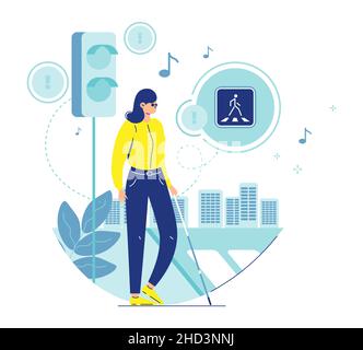 Blind woman with cane crossing street at accessible lights and crosswalk. Barrier free environment, vector illustration. Stock Vector