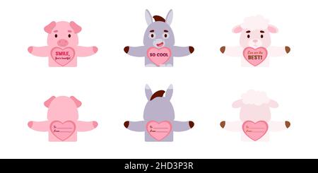 Cute animal Valentines Day gift cards candy holder cards for kids. Great gift option school classroom prizes, gift exchange, Valentine party favors, l Stock Vector