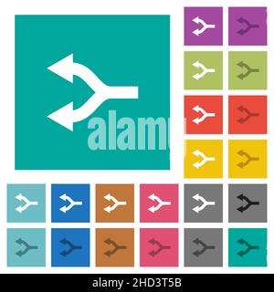 Split arrows left multi colored flat icons on plain square backgrounds. Included white and darker icon variations for hover or active effects. Stock Vector