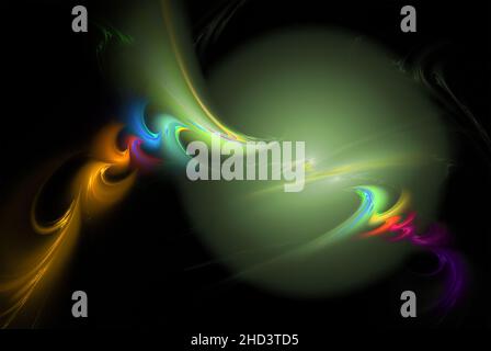 Fractal, an abstract green planet with beautiful rainbow splashes in black space Stock Photo