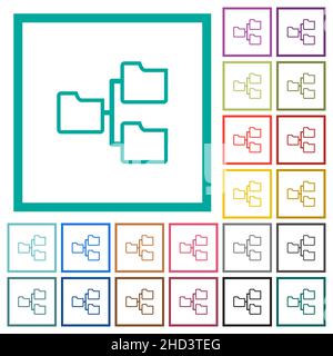 Shared folders outline flat color icons with quadrant frames on white background Stock Vector