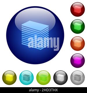 Paper stack solid icons on round glass buttons in multiple colors. Arranged layer structure Stock Vector