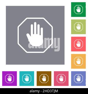 Octagon shaped stop sign outline flat icons on simple color square backgrounds Stock Vector