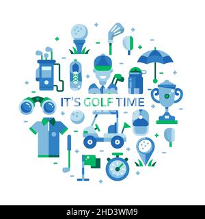 Golf Time Print with Golfing Icons in Circle Stock Vector