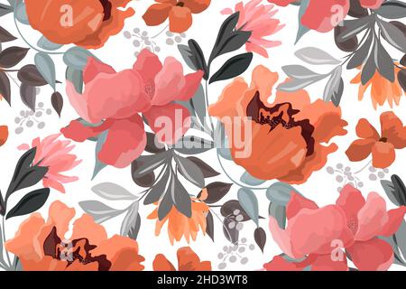 Vector floral seamless pattern. Pink, red and orange flowers, buds and gray leaves on a white background.  Stock Vector