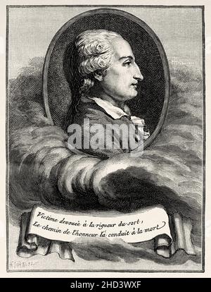 Jean-Francois Pilatre de Rozier (1754-1785) was a French chemistry and physics teacher, and one of the first pioneers of aviation. He and François Laurent d'Arlandes made the first manned free balloon flight on 21 November 1783, in a Montgolfier balloon, France. Old 19th century engraved illustration from La Nature 1885 Stock Photo