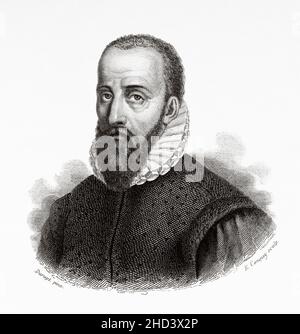 Ambroise Paré (1510-1590) was a French barber surgeon who served for kings Henry II, Francis II, Charles IX and Henry III. He is considered one of the fathers of surgery and modern forensic pathology and a pioneer in surgical techniques and battlefield medicine, especially in the treatment of wounds. He was also an anatomist, invented several surgical instruments, and was a member of the Parisian barber surgeon guild. France. Europe. Old 19th century engraved illustration from Portraits et histoire des hommes utile by Societe Montyon et Franklin 1837 Stock Photo