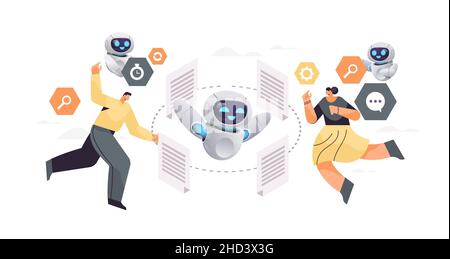 overworked businesspeople and robot helper working with paper documents paperwork deadline artificial intelligence Stock Vector
