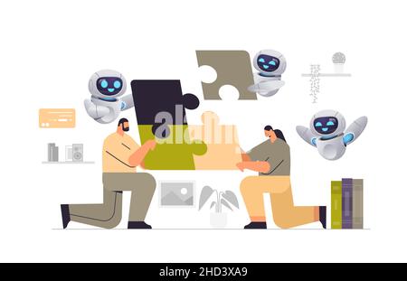 businesspeople with robots helpers putting parts of puzzle together problem solution teamwork artificial intelligence Stock Vector