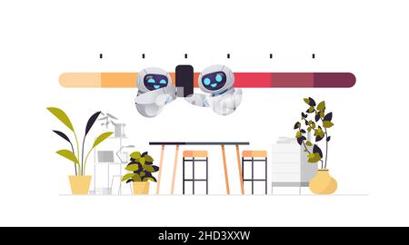 robots reducing stress level robotic characters struggling with arrow of crisis measure artificial intelligence Stock Vector