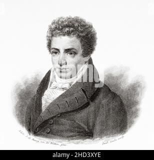 Robert Fulton (1765 -1815) was an American engineer and inventor who is widely credited with developing the world's first commercially successful steamboat, the North River Steamboat, he produced Nautilus, the first practical submarine in history. Old 19th century engraved illustration from Portraits et histoire des hommes utile by Societe Montyon et Franklin 1837 Stock Photo