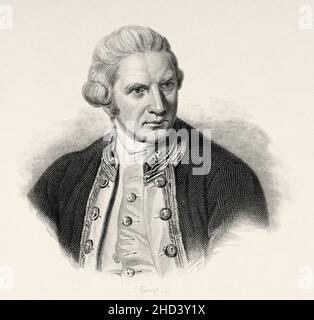 Captain Cook. James Cook (1728-1779) was a British explorer, navigator, cartographer, and captain in the British Royal Navy, famous for his three voyages between 1768 and 1779 in the Pacific Ocean and to Australia. UK. Europe. Old 19th century engraved illustration from Portraits et histoire des hommes utile by Societe Montyon et Franklin 1837 Stock Photo