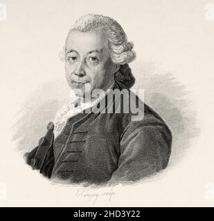 Pierre Poivre (1719-1786) was an 18th-century horticulturist and botanist, missionary to East Asia, intendant of French colonial islands in the Indian Ocean, and wearer of the cordon of St. Michel. France. Europe. Old 19th century engraved illustration from Portraits et histoire des hommes utile by Societe Montyon et Franklin 1837 Stock Photo