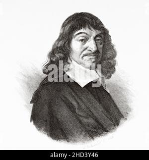 René Descartes (1596-1650 ) was a French philosopher, mathematician, and scientist who invented analytic geometry, linking the previously separate fields of geometry and algebra. France. Europe. Old 19th century engraved illustration from Portraits et histoire des hommes utile by Societe Montyon et Franklin 1837 Stock Photo