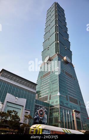 View of the iconic Taipei 101 tower, one of the tallest building in the world. Stock Photo