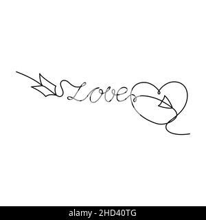 Continuous One Line lettering heart and love in the form of an arrow. Vector illustration for poster, card, banner valentine day, wedding, print Stock Vector