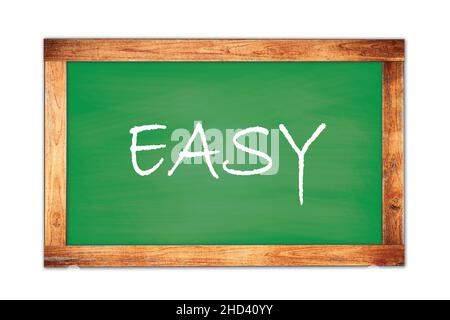 EASY text written on green wooden frame school blackboard. Stock Photo