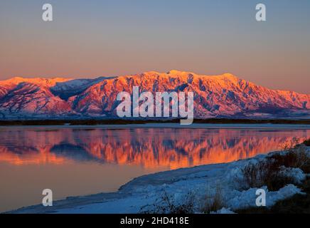 The warm light from the setting sun falls on Willard Mountain and reflects on the water at Bear River Migratory Bird Refuge, Brigham City, Utah, USA. Stock Photo