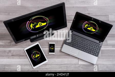 Bitcoin mining concept shown on different information technology devices Stock Photo